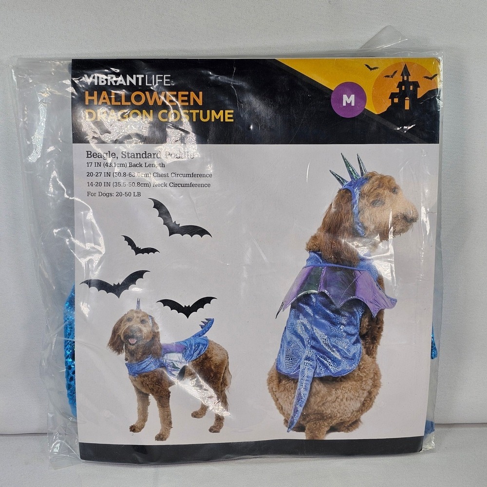 New Vibrant Life Halloween Dragon Costume Dog Medium Blue Metallic Wings 2pc Set